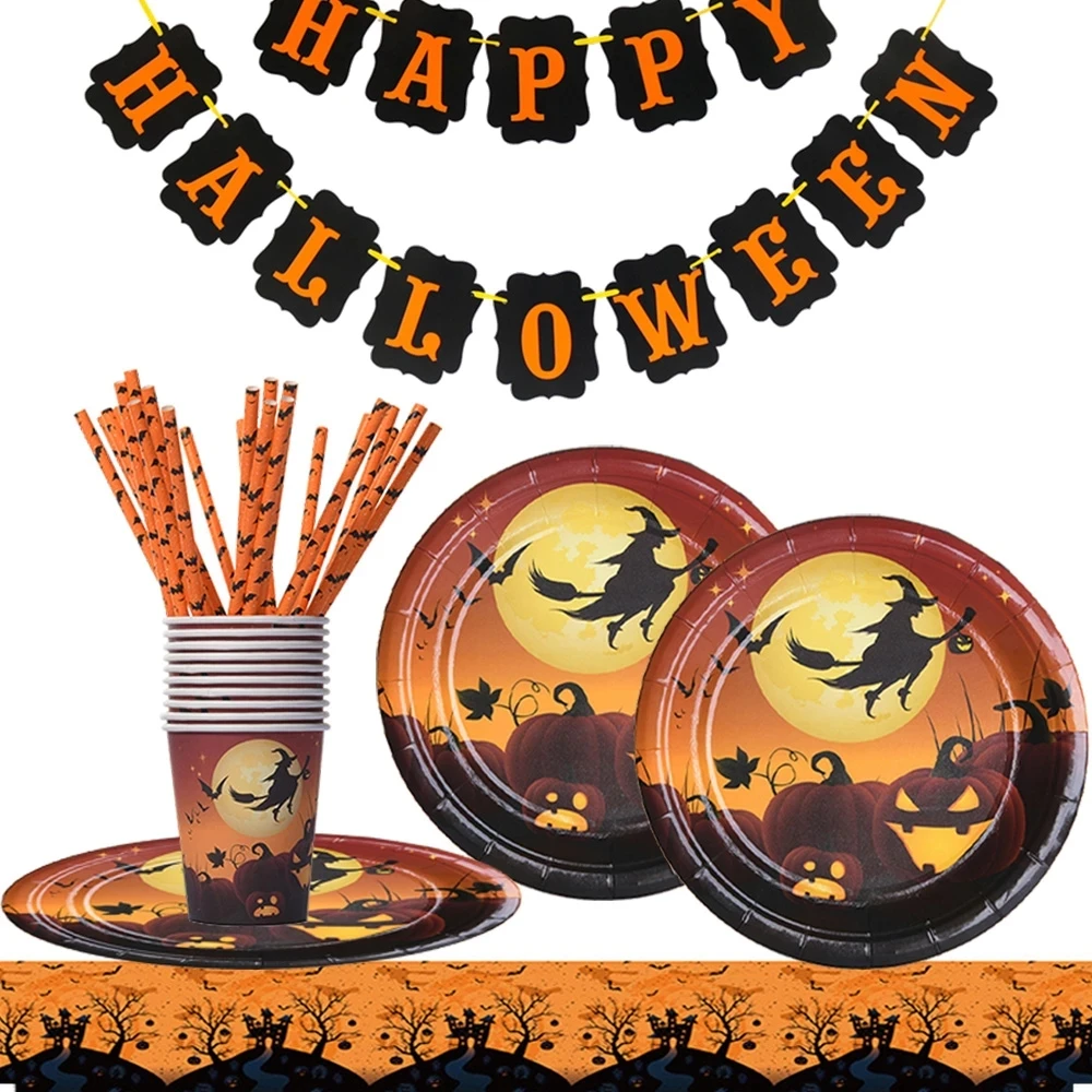 Happy Halloween Party Decorations Witch Disposable Tableware Plates Cups Napkins Halloween Decoration Festival Favor