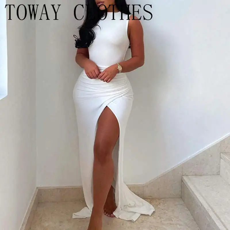

Dress For Women 2022 Sleeveless O-neck Ruched Skinny High Slit Maxi Dress Sexy Ladies White Vestidos Elegantes Para Mujer