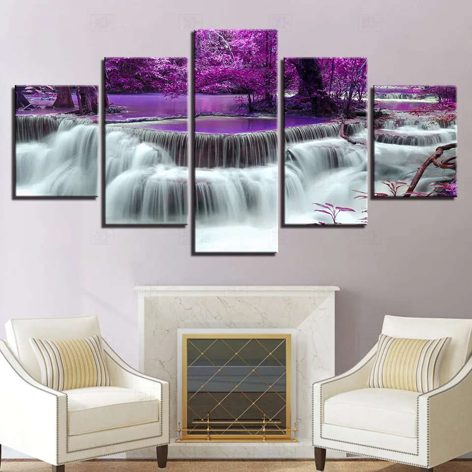 

Canvas Prints Poster Living Room Decor Painting Framework 5 Pieces Purple Forest Tree Lake Waterfall Landscape Pictures Wall Art