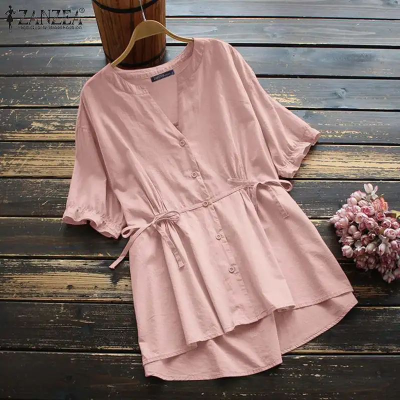

Блузка ZANZEA Женская Повседневная из хлопка и льна, мешковатая длинная туника с коротким рукавом и V-образным вырезом, модный винтажный Топ, 2021