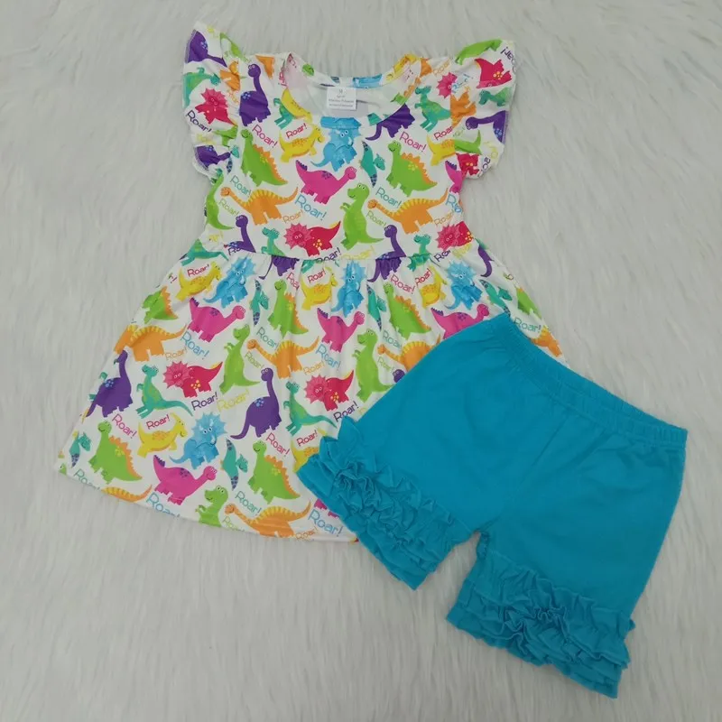 

Summer Children Girls Clothing Set Adorable Infant Baby Colorful Dinosaur Pearl Tunic Top Matching Blue Icing Shorts Outfit