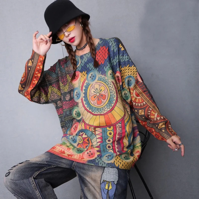 

Winter New Fashion Pullover Sweater Vintage style Oversized Print Imitated Mink Wool Retro Female Warm All-match Loose Sweater