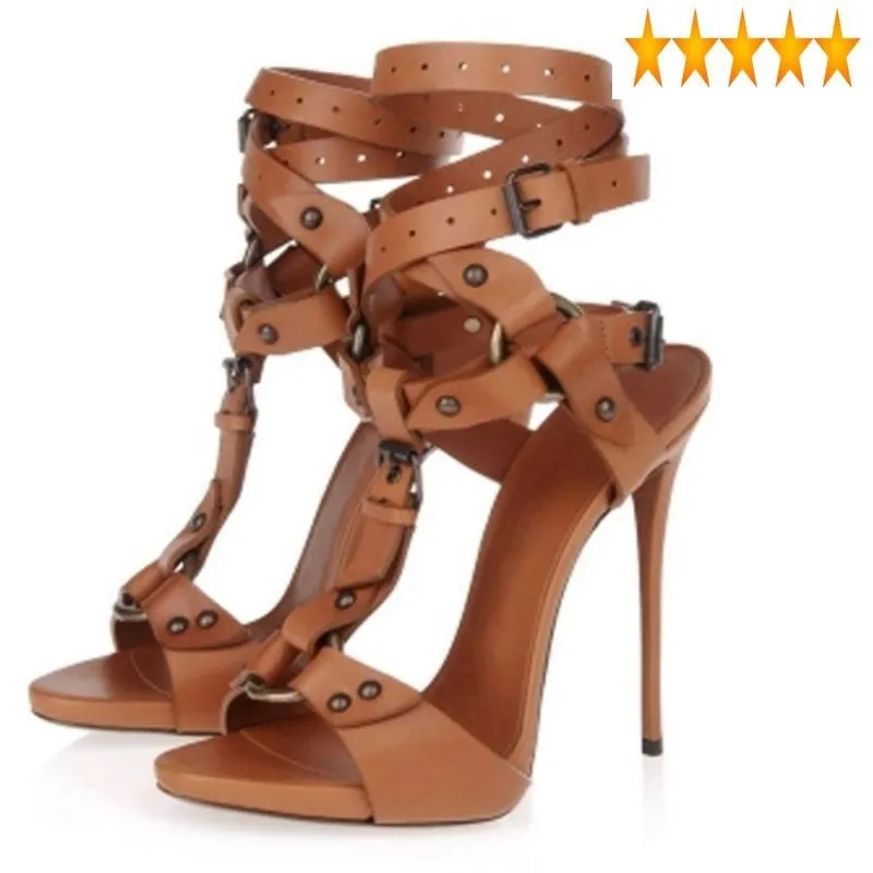

Gladiator Stiletto High Heel Street Sandals Women Fashion Rivets Cross Ankle Strap Buckle Shoes Peep Toe Summer Dress Sandalias