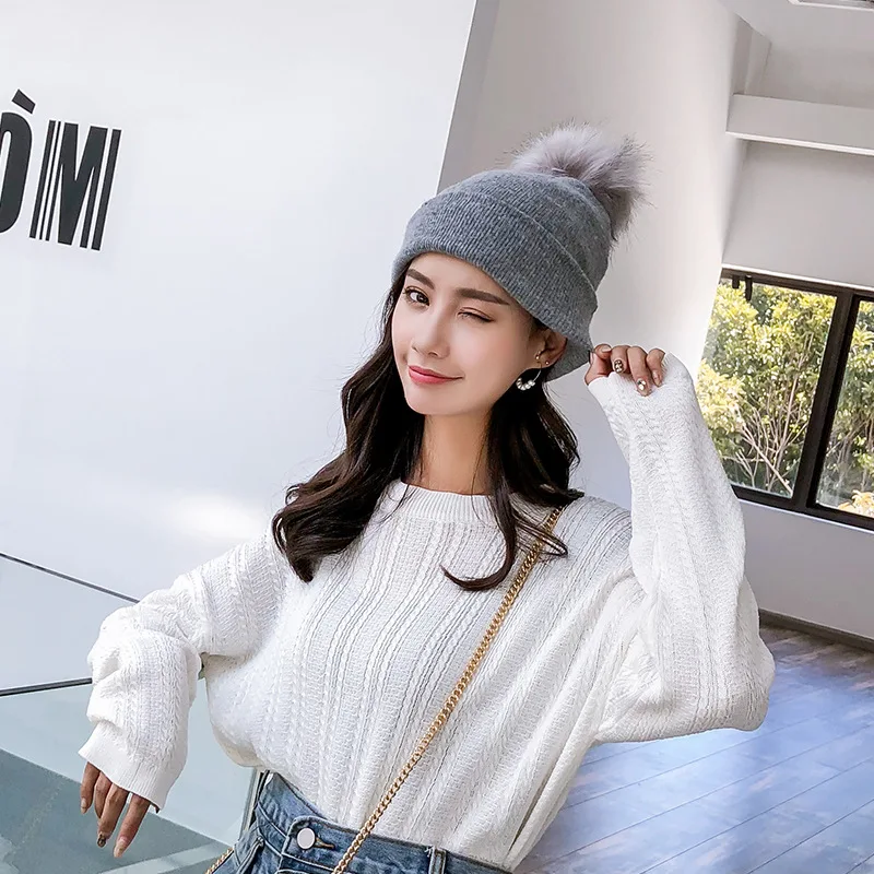 2019 зимняя розовая вязаная шапочка с помпонами для женщин пушистый двойной помпон