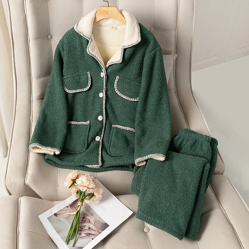 Winter Thick Coral Fleece Outer Wear Warm Suit Homewear Small Fragrance Style Women's Pajamas V-neck Solid Color