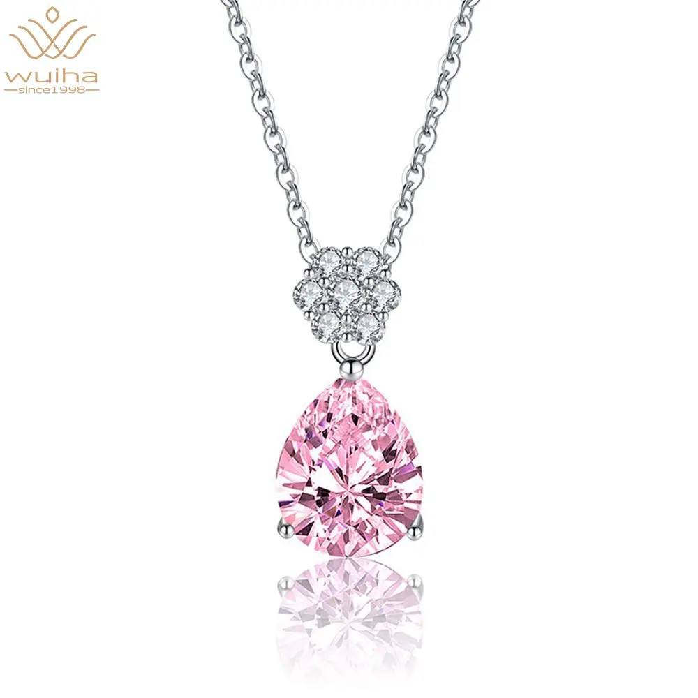 

WUIHA 100% 925 Sterling Silver Citrine Pink Saphire High Carbon Diamond Pendant Necklaces Office Lady Cute Romantic Fine Jewelry