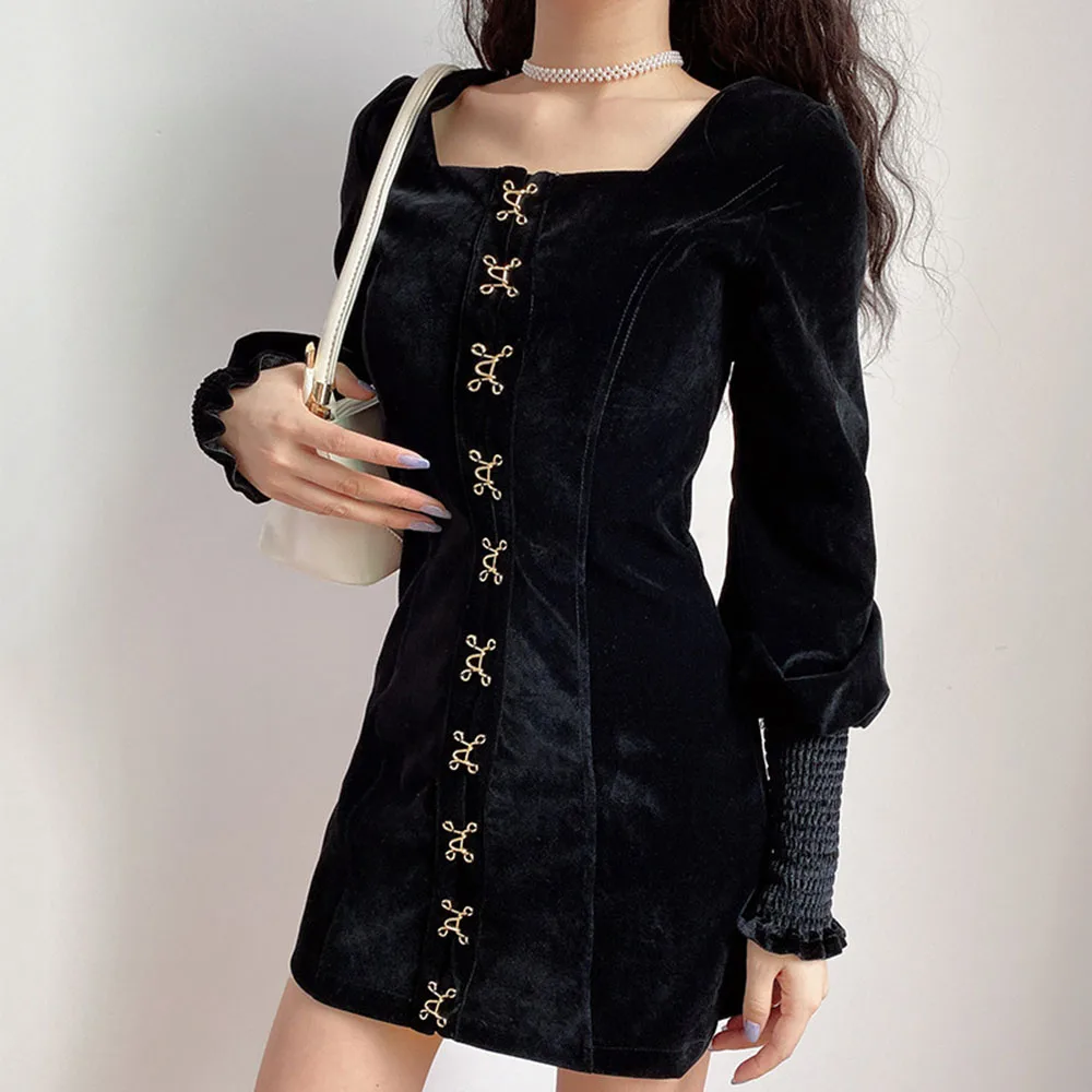 Женское бархатное платье на пуговицах Повседневное платье-мини с длинным