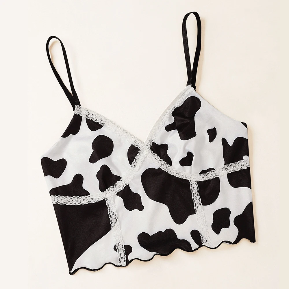 

Women Fashion Cow Print Sleeveless White Lace Patchwork Sexy Crop Top Women 2020 Clothing Women