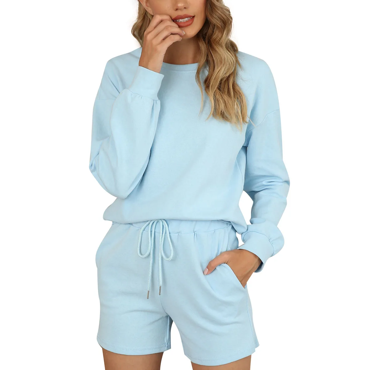 

Women Pajamas Two-piece Set Pure Cotton Solid Color Home Wear with Pockets, Long Sleeve Top + Shorts