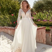 bohemian deep v neck wedding dress 2022 chiffon long sleeves backless illusion lace applique a line sweep train bride gown