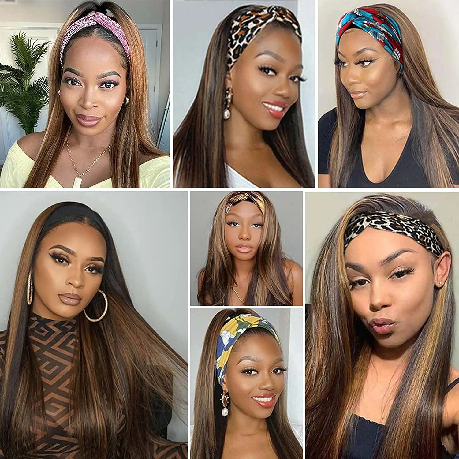 

Headband Wigs for Black Women Kinky Straight Headband Wig Ombre Synthetic Wig with Headband Black Mix Brown Yaki Straight Hair