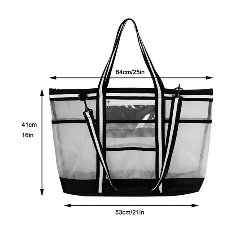 

High Capacity 8 Pockets Large Beach Bag Mesh Transparent Picnic Beach Bag Towels Toys Waterproof Underwear Pocket Beach Tote Bag