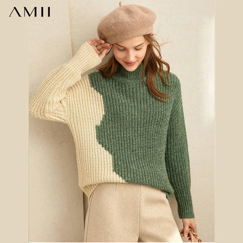 Amii осенний Модный женский свитер с высоким воротником Женский винтажный