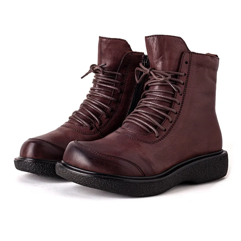 

Johnature Winter Shoes Women Boots Genuine Leather 2021 New Handmade Lace-Up Zip Warm Round Toe Concise Vintage Platform Boots