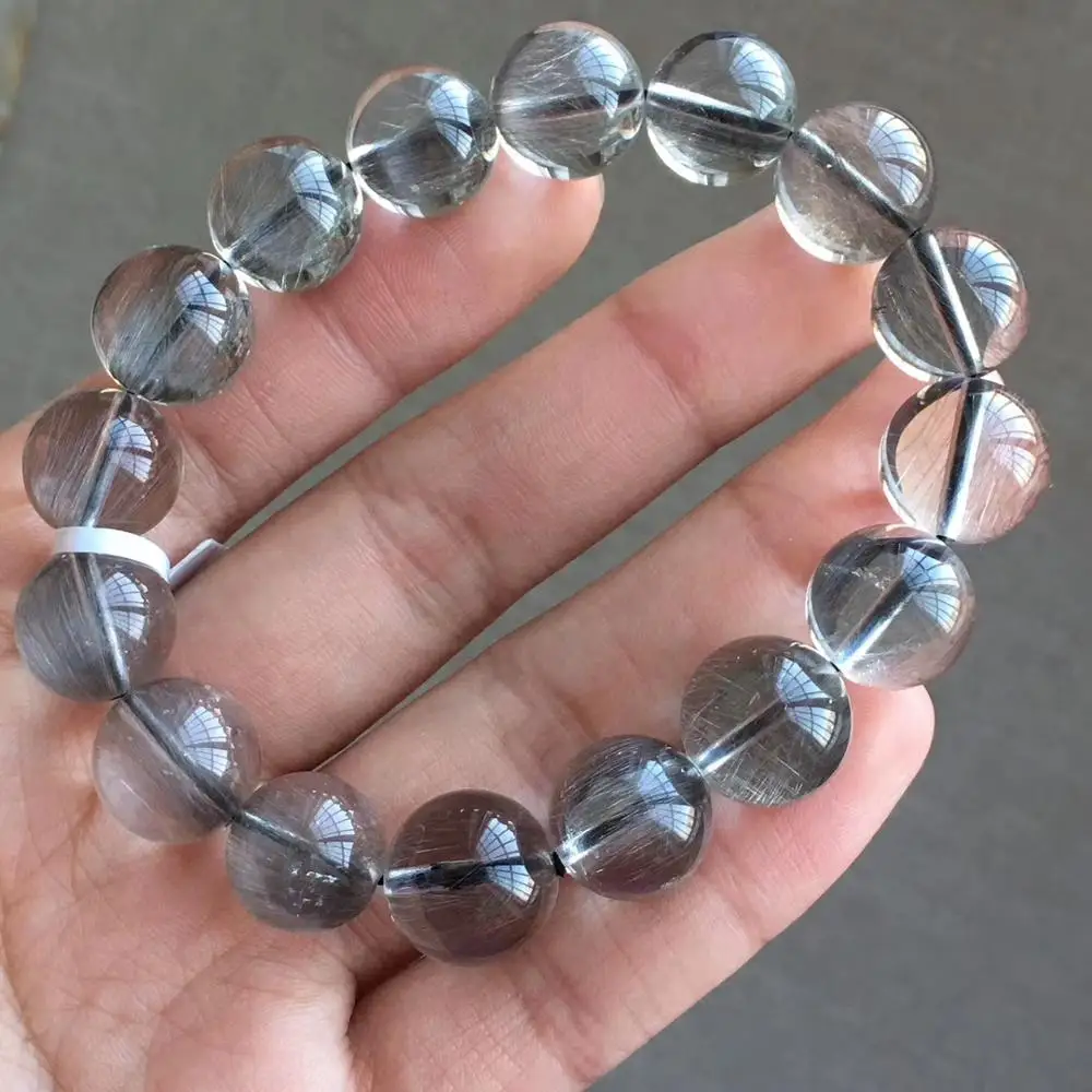 

Certificate 13.3mm Natural Brookite Platinum Silver Rutilated Quartz Crystal Bracelet Round Bead Woman Man AAAAAA