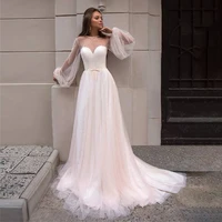 simple vintage long sleeves wedding dresses 2021 lace applique tulle floor length sweep train a line bridal gown custom made