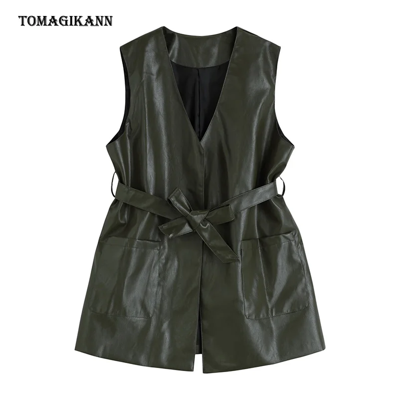 

PU Leather Vest Tops Women V Neck Waist Belt Pockets Streetwear Waistcoat 2021 Autumn Fashion Casual Female Clothing