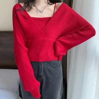 autumn 2021 new waist closing and thin fake two off shoulder long sleeve sweater women