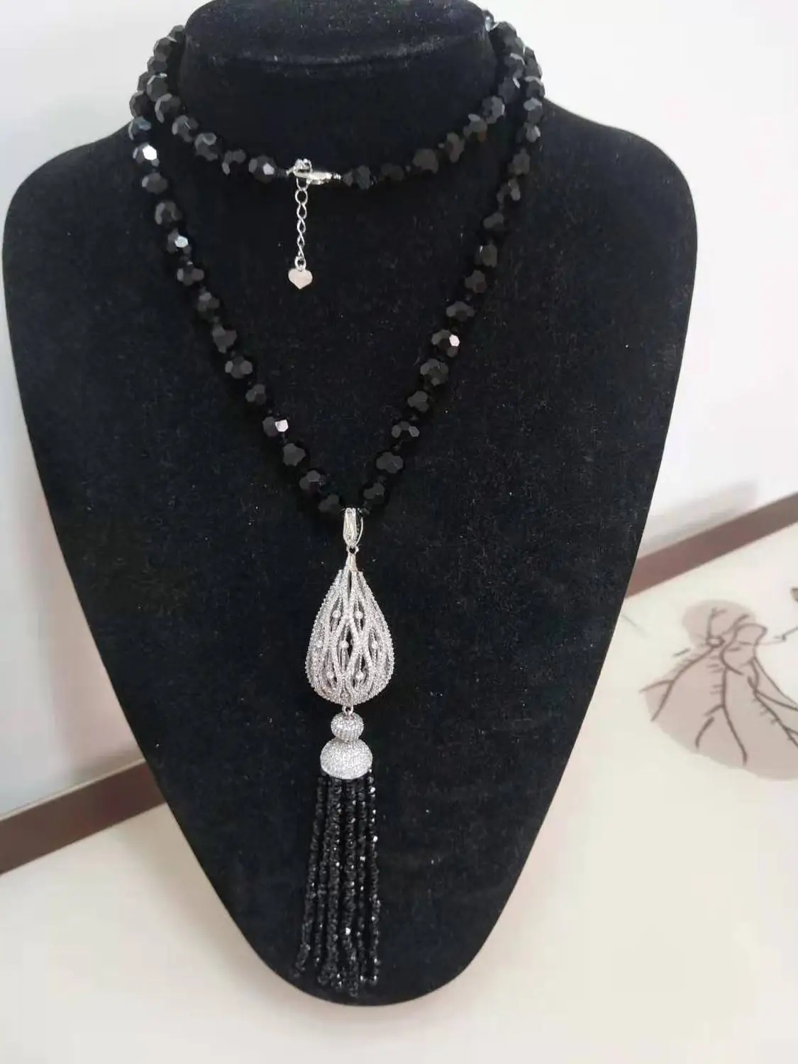 Лидер продаж длинное ожерелье-цепочка для свитера с кисточкой 10 мм из черного