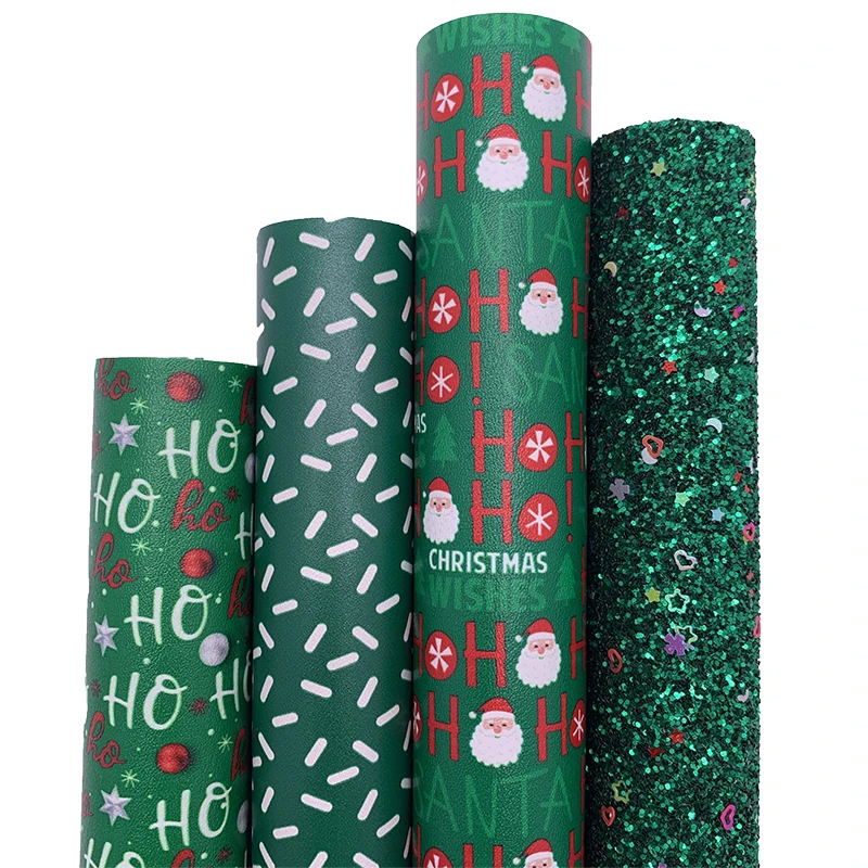 4PCS/SET Stars Green Glitter Vinyl Fabric Matching with Santa Claus Sprinkles Printed Faux Leather For Bows DIY 21X29CM Q151