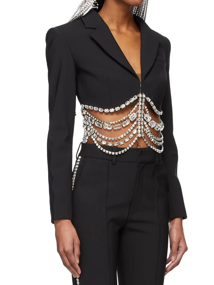 2021 Spring Women Clothing Black Deep V-Neck Short Slim Suit Sexy Drape Diamond Chain Open Waist Long-Sleeved Jacket Streetwear