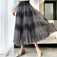 2021 woman spring new pleated skirts double layer gradient gold sprinkled mesh skirt women cute high waist elastic korea clothes