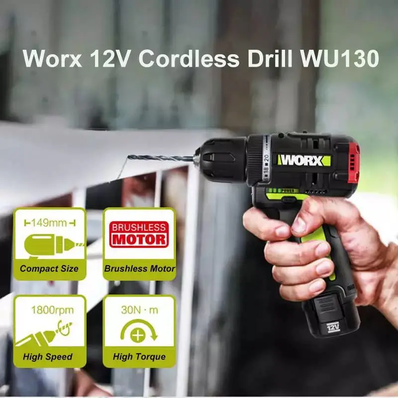 

WORX WU130/WU130X professional tool 12V Brushless motor Drill Cordless electric Screwdriver 30N.m 40N.m Power Tools