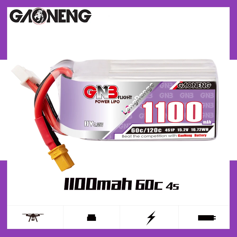 Аккумулятор Gaoneng GNB 1100 мАч 4S 15 2 в 60C/120C LiHV Lipo с разъемом XT30 для FPV гоночного дрона