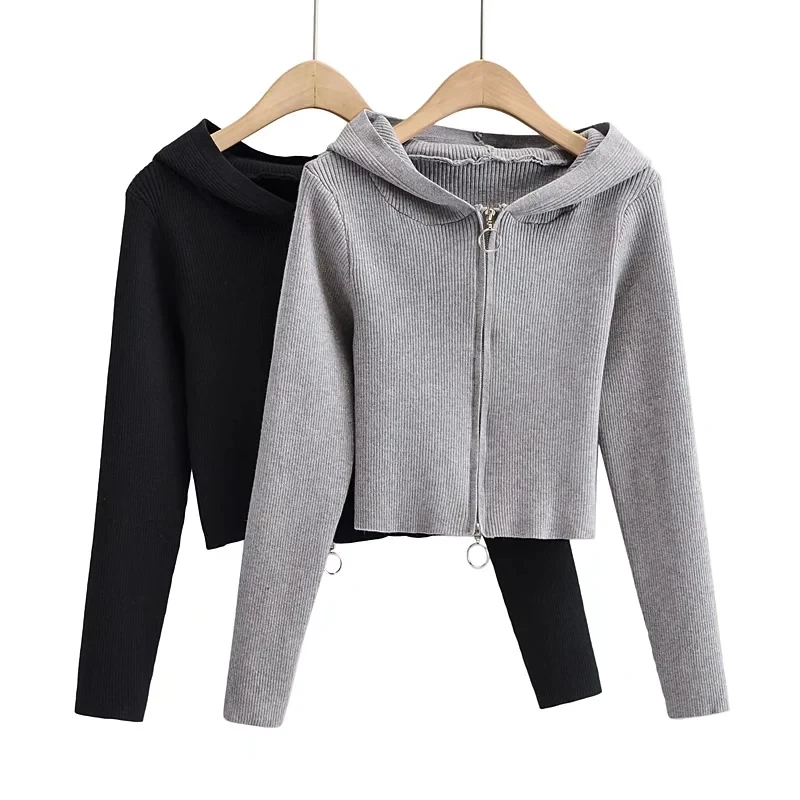 

ZA 2021 autumn new women's clothing fashion all-match European and American style stretch hooded zipper knitted cardigan