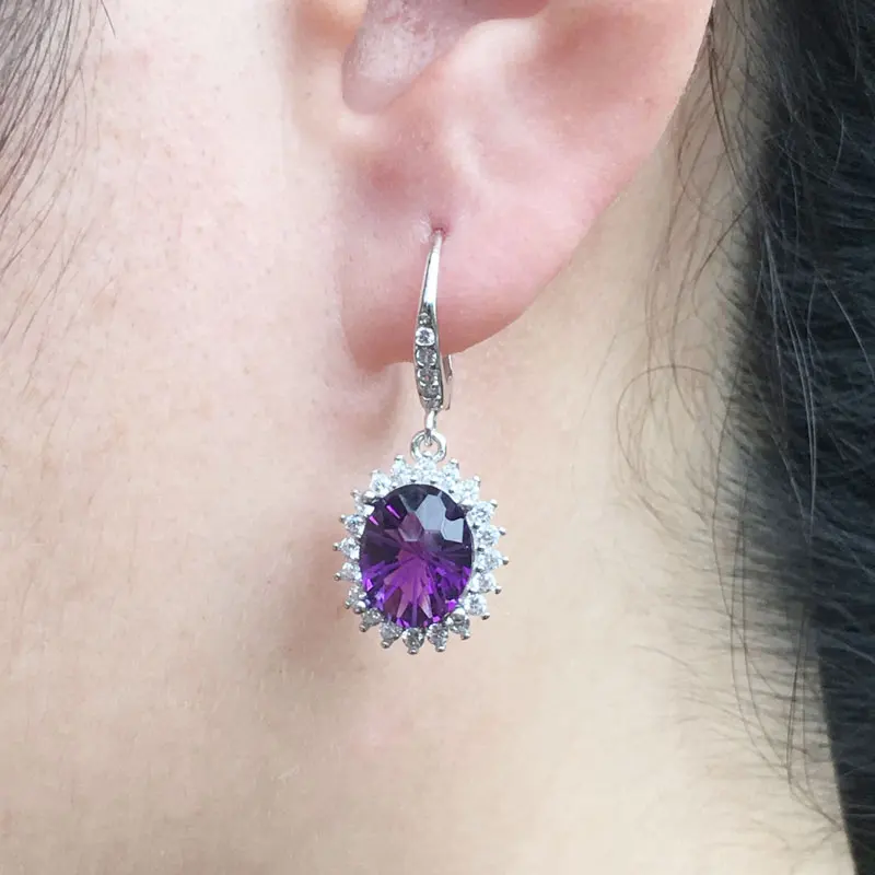 Женские серьги из серебра 925 пробы с аметистовым кварцем 8 х10 мм|Серьги-подвески| |