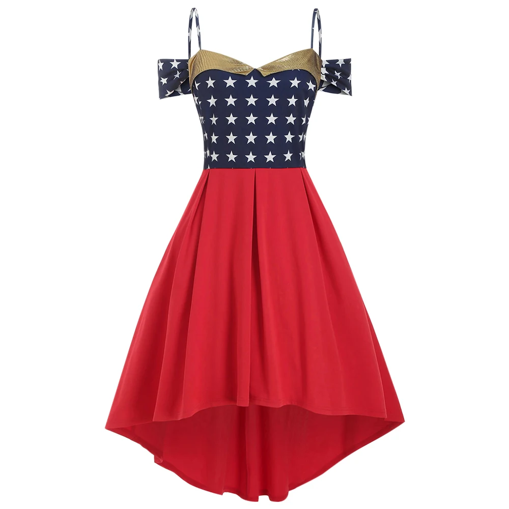 Rosegal американский флаг большой размер платье для женщин звезды открытые плечи