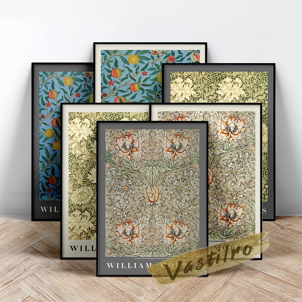 

William Morris Exhibition Museum Poster, Morris Pomegranates Fruits Patten Art Prints, Fabric Textured Background Wall Picture