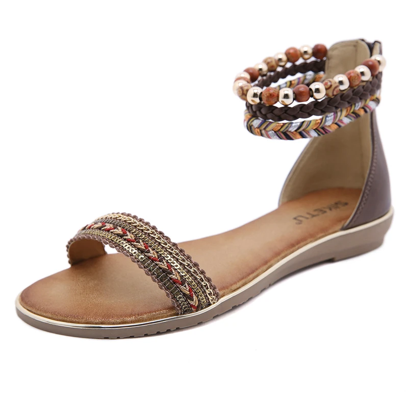 

2021 New Summer Women's Shoes Bohemia Beaded Retro Nationality Flat Elastic Band Large Size 40 41 42 Casual Women's Sandals