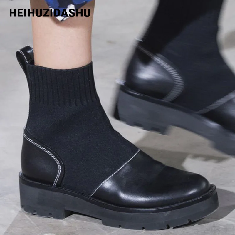 Женские ботинки с круглым носком черные вязаные носки эластичные ботильоны