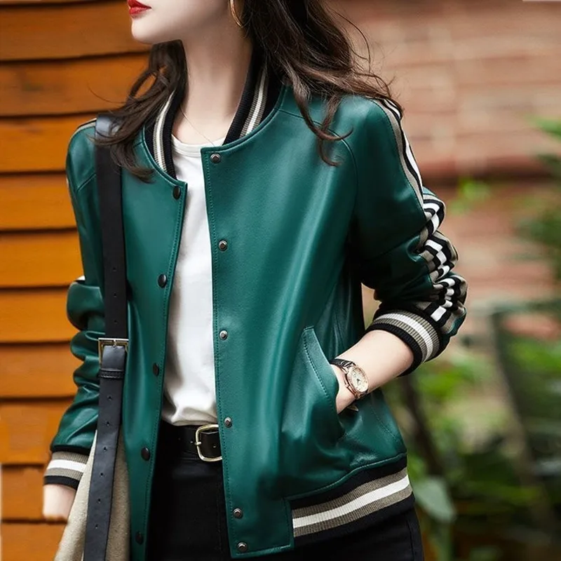 Short Sheepskin Tops Cropped Jacket Women Spring Autumn Green Genuine Leather Jacket Contrast Color Baseball jacket Female