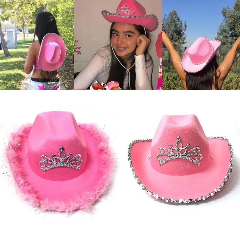 

Pink Cowboy Hat With Light Feather Edge Color Diamond Western Cowboy Hat Holiday Party Decoration Hat