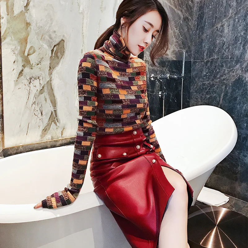 Женский шерстяной свитер с высоким воротником облегающий пуловер контрастной