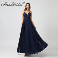 elegant evening dresses long spaghetti strap a line chiffon formal party gowns navy blue lace applique beads robe de soiree 5650