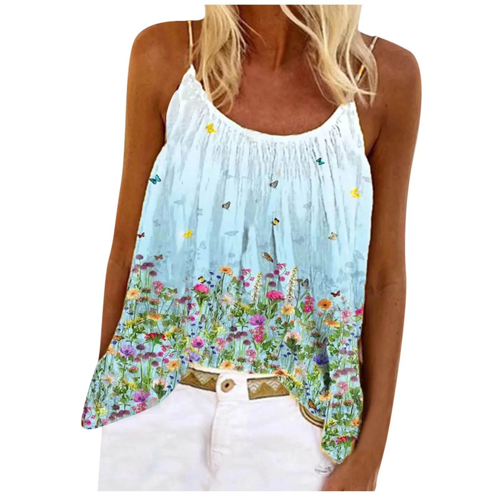 В Корейском стиле Хлопковые женские топы с принтом Топ без рукавов c бретелькой