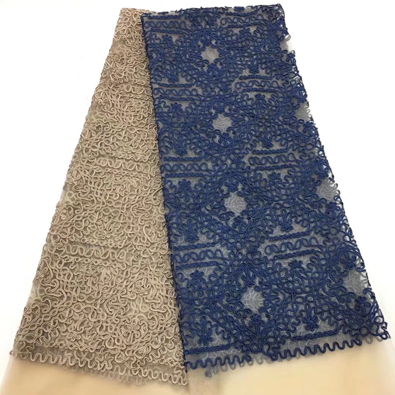 

2020 African Lace Fabric Pattern Design Embroidery Polyester Fabrics Blue Tulle Lace Classic Retro Style For Daily Dresses