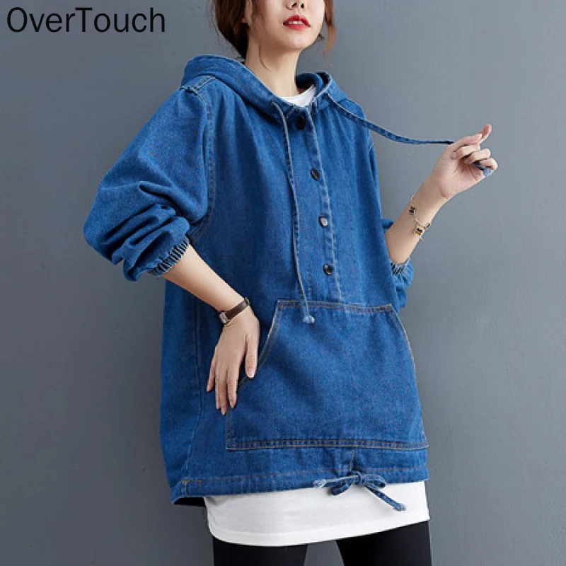 

Autumn Winter Pullover Women Clothing Hoodies Sweatshirts Loose Casual Cotton Denim Thicken Tops Hooded Oversize Blue