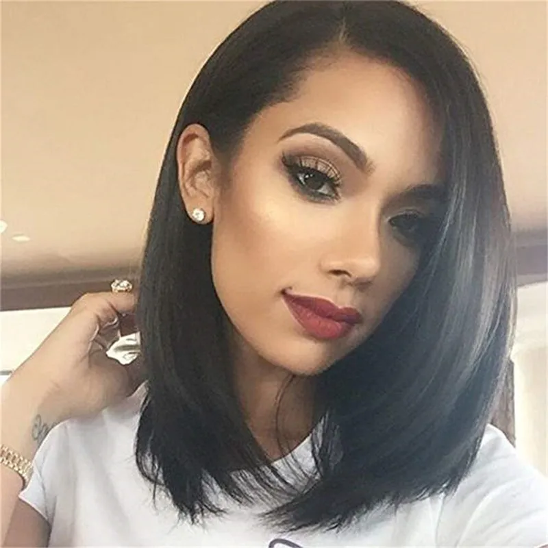 

Middle Part Short Straight Natural Black Wig Synthetic Wigs Heat Resistant Fiber Black Bob Wigs for Black Women
