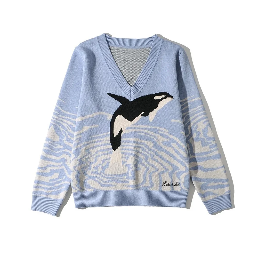 

OMCHION Dolphin Print V-Neck Sweater Women 2021 Autumn Winter Korean Fashion Loose Y2K Pullover Oversized Chic Knitted Jumper