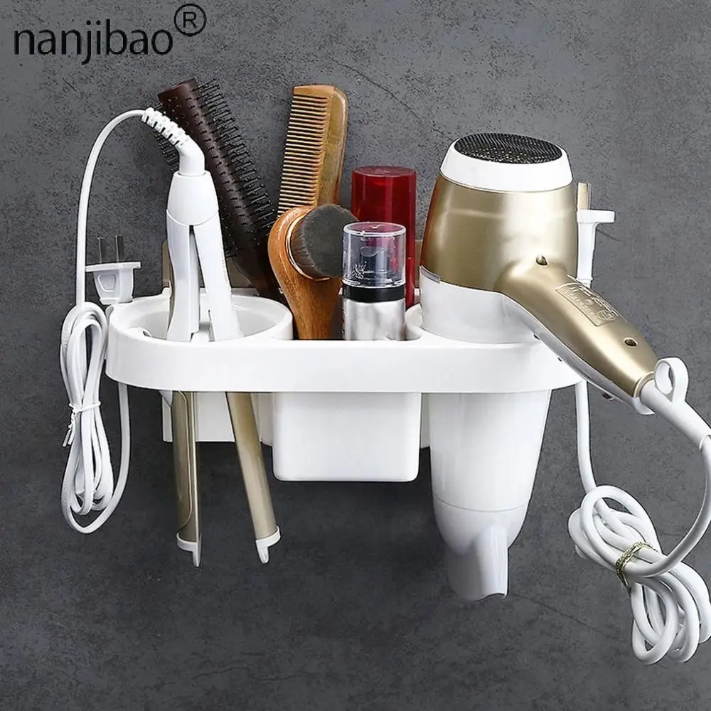 

Plastic Multifunction Bathroom Storage Shelf Hair Dryer Holder Shower Organizer Self-adhesive Wall Mounted Shampoo Straightener