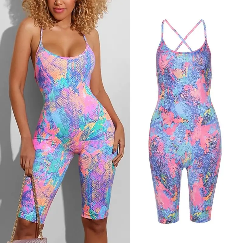 

Women Sexy Sleeveless Backless Jumpsuit Snakeskin Tie-Dye Biker Shorts Playsuit Newest