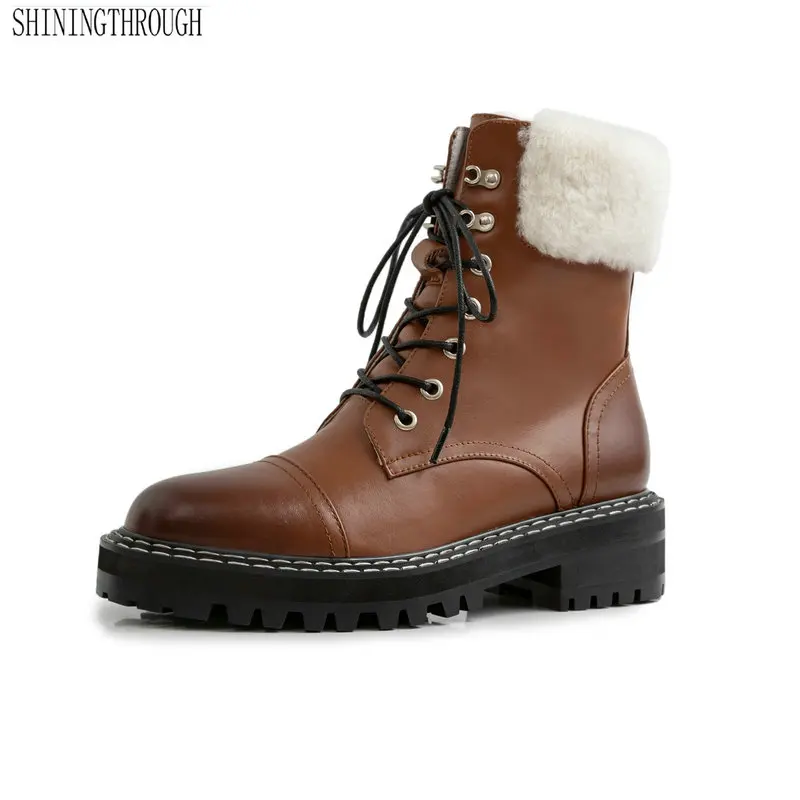 Женские ботильоны из натуральной кожи зимние мотоциклетные ботинки на шнуровке