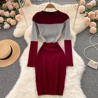 stitching elegant sweater dress women fashion slim long sleeve vestidos retro package hip o neck casual femme