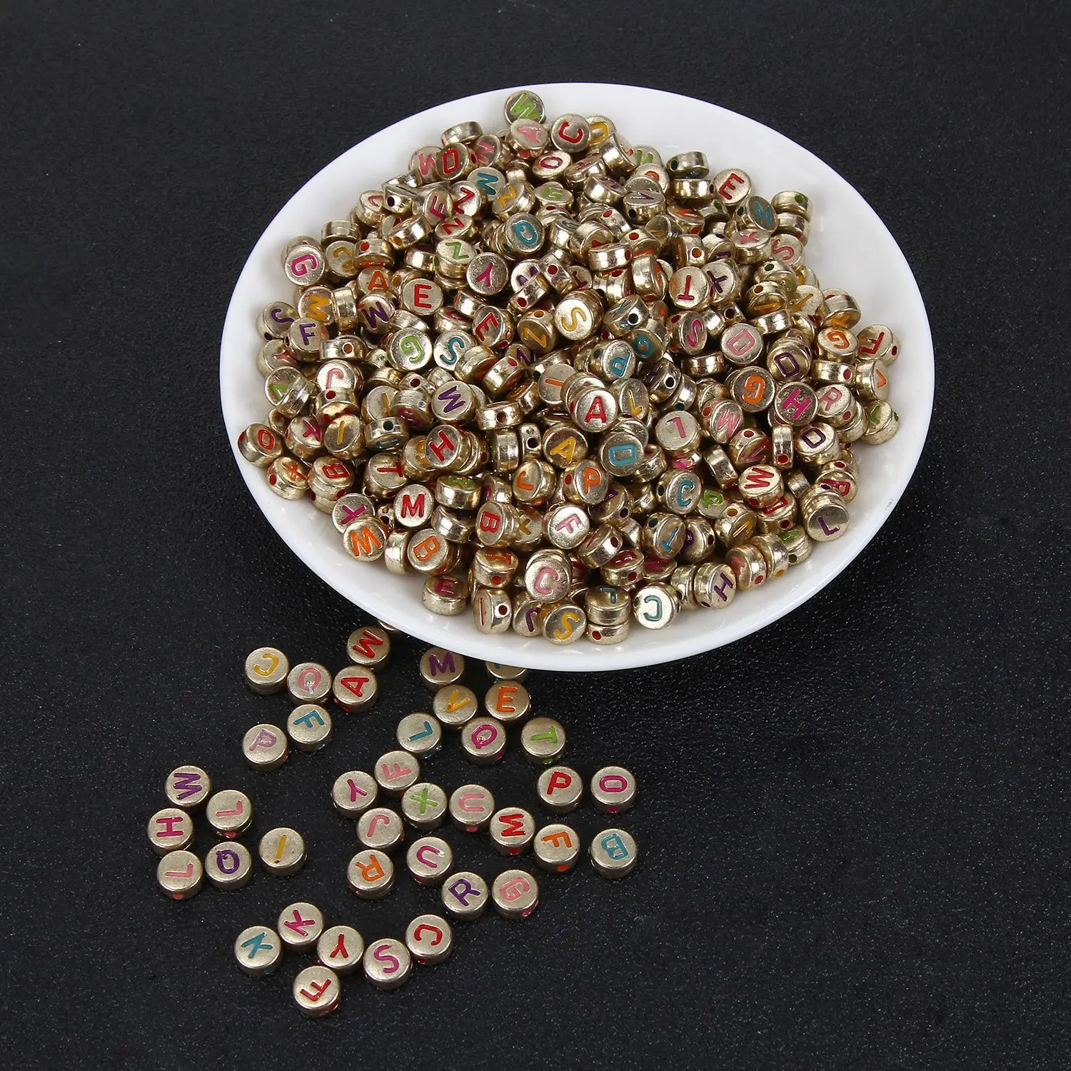 

100pcs 4 X 7 Mm Round Golden Acrylic Spacer Beads with Letters/Alphabet Letter"A-z" Cube Beads for Bracelets Necklaces Key Chain