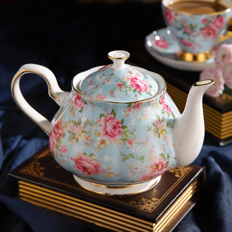 

32oz Bone China Coffee Pots Teaset Creative Pastoral Rose Teaware Moka Pot Vintage Cup Set English Afternoon Black Tea Gift Blue