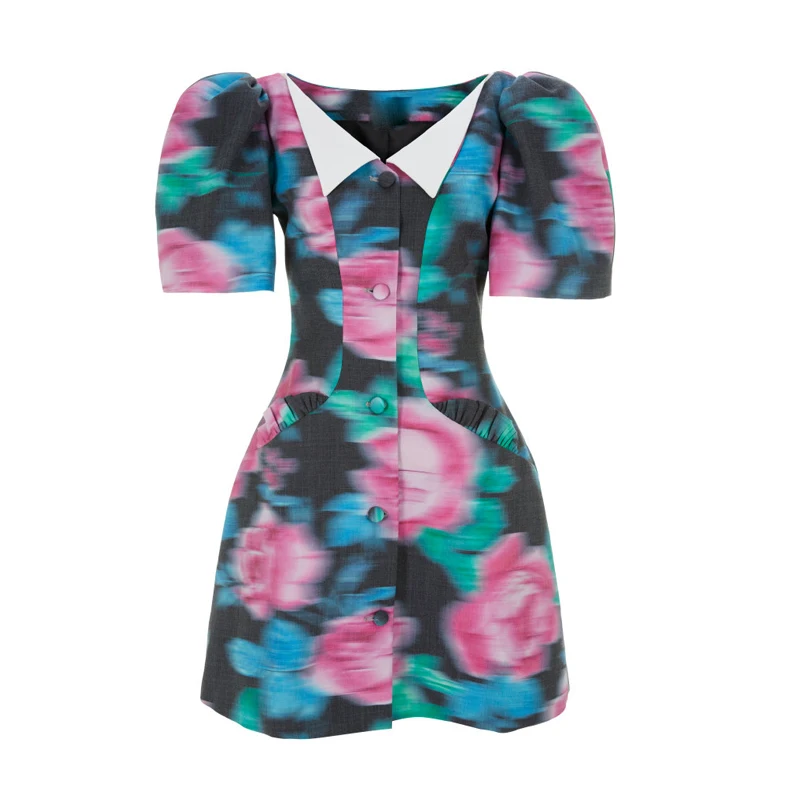

Vintage Print Dress For Women Peter Pan Collar Puff Short Sleeve High Waist Mini Dresses Female 2021 Summer Fashion
